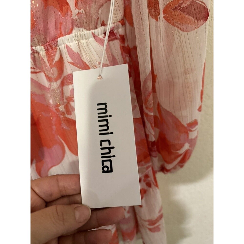 Mimi Chica Floral pink Long Sleeve Ruffle Tie Dress Size Small Chifon Mini - Picture 6 of 14